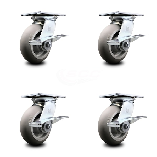 6 Inch Heavy Duty Thermoplastic Caster Set with Ball Bearings and Brakes SCC